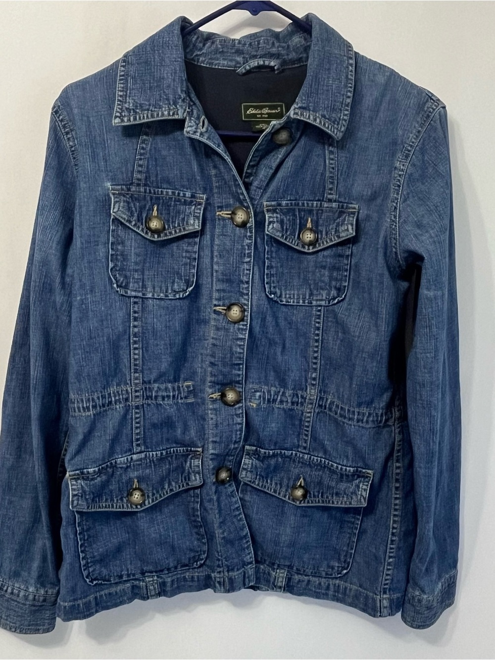 Eddie Bauer Women's Blue Denim Jacket with Flap Pockets & Cinched Waist